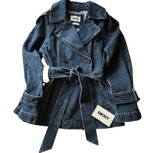 DKNY Double Breasted Belted Medium/Dark Wash Denim Jacket XS NWT